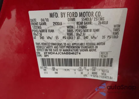 2010 Ford Edge Sel from USA, damaged, VIN 2FMDK4JC9ABB46274
